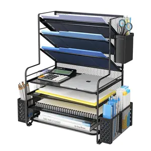 Large Capacity 7-Tier Office Organizer, Desktop Paper Tray with 2 Extra Storage Bins & Pen Box – Durable Metal Mesh Construction, Steel Reinforced Frame – Fits Letter-Size Papers, Books