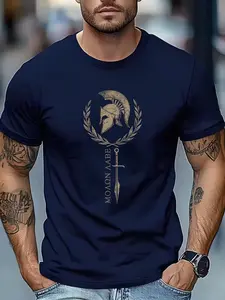 Men's Casual Sports T-Shirt, Spartan Spirit Print Tee, Lightweight Breathable Moisture-Wicking Summer Top, Short Sleeve Shirt