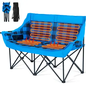 Lilypelle Oversized Heated Double Camping Chair Folding Camping Loveseat 2 Person Padded Camping Couch Heavy Duty Lawn Chairs for Outside Camping, Lounge Patio