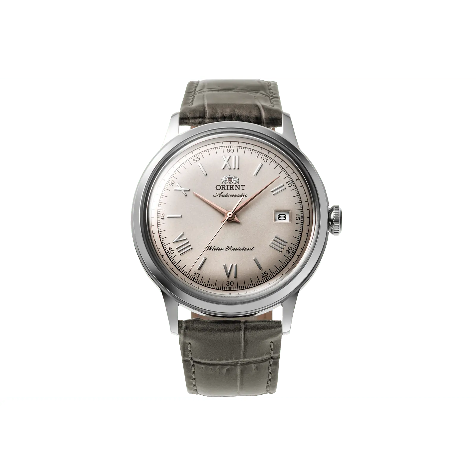 Orient Bambino Version 2 Automatic Dress Watch, 40.5mm Round Gray Dial, Unisex Business Casual with Brown Leather Strap, RA-AC0025N30B, Business Casual Watch, Buckle, Stainless Steel, Basic, Mechanical, Analog, Exhibition, F6724 Caliber, Mineral Glass, Bu