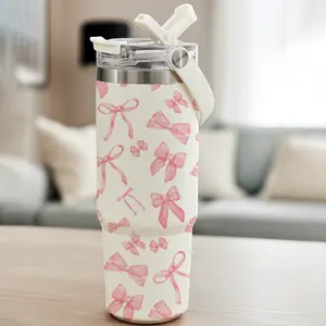 1 Pc 30oz skinny insulated mug, double wall thermal cup insulated thermos with leak-proof lid, pink bow style, hot cold drinks tumbler, gift for women, friends, birthday, Valentine’s Day, Christmas, keeps warm 12h cold 24h, cup for work school travel