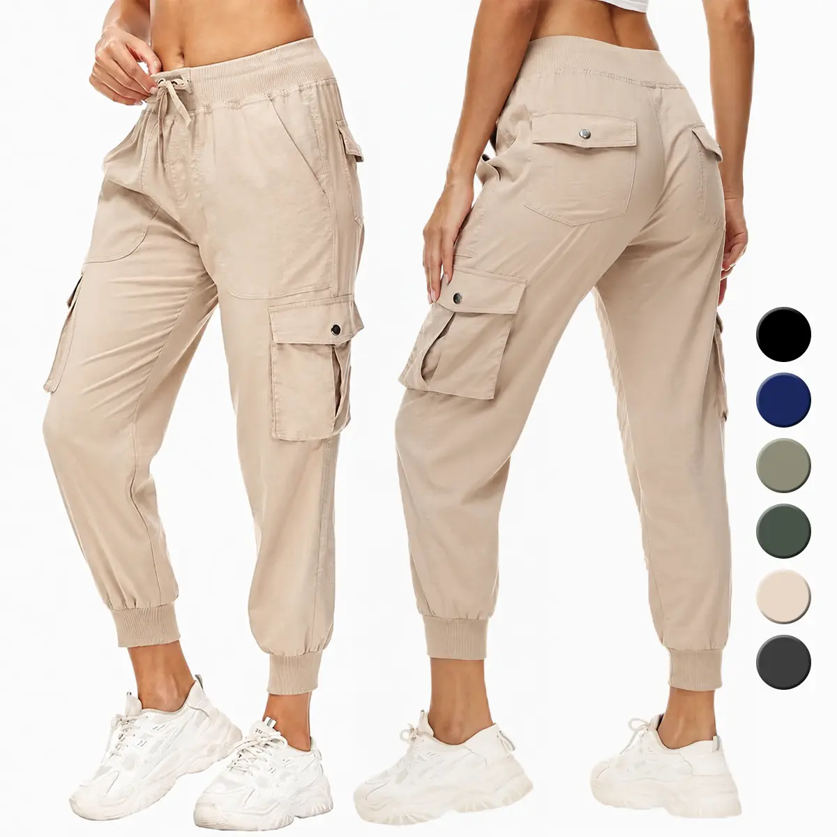 Women’s Lightweight Cargo Jogger Pants with 6 Functional Pockets, Breathable Quick-Dry Stretch Fabric, Adjustable Drawstring Waist and Ribbed Ankle Cuffs, Relaxed-Fit Utility Pants for Hiking, Travel, Workout, Lounge and Everyday Casual Wear for Women