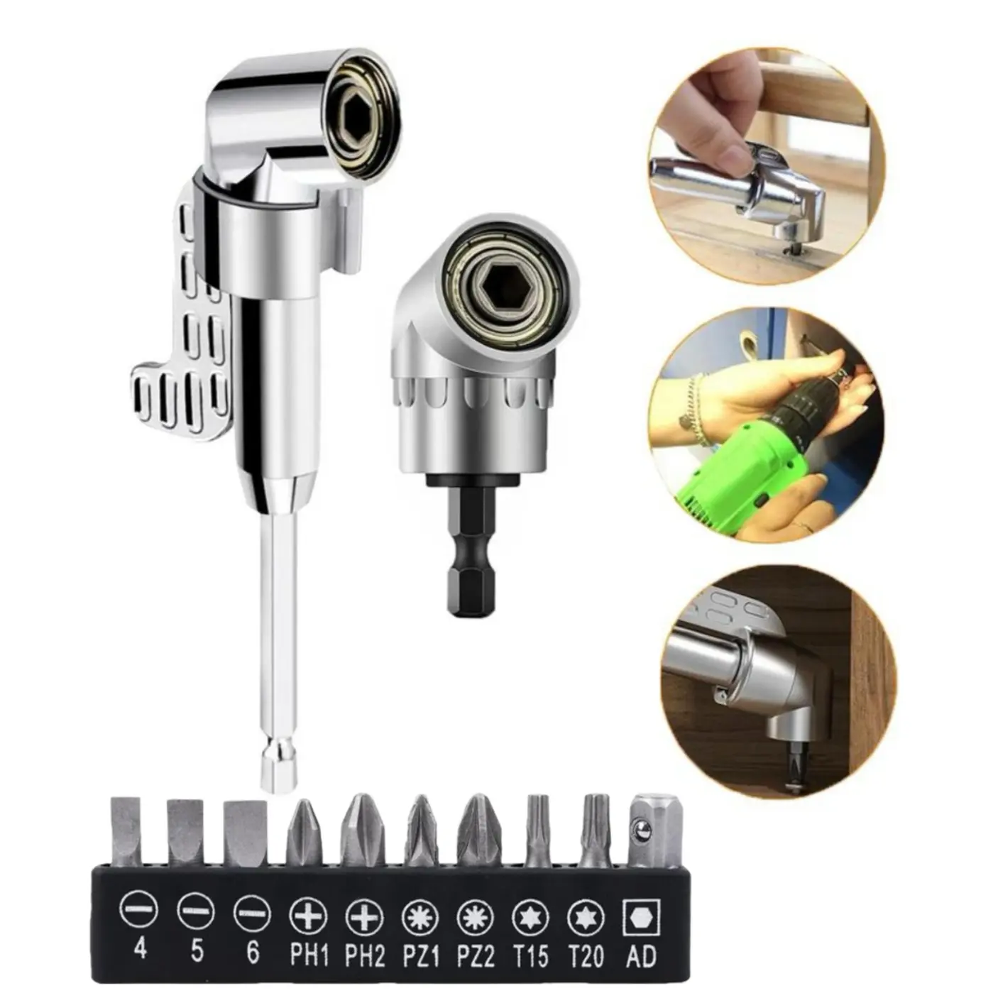 105 Degree Right Angle Drill Adapter, 2025 New Right Angle Head Drill Driver Extension Bit Power Screwdriver Socket Adapter, Corner Tool Screw Hub with Multi-function Bend Screwdriver Bit (Short+Long) hex shank angle drill adapter