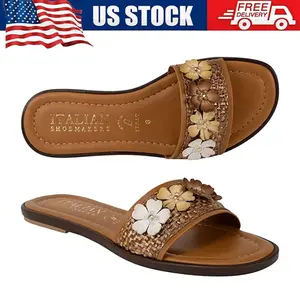 Womens Raffia Slide Sandals Floral Embellished Flat Slip On Summer Beach Casual Shoes
