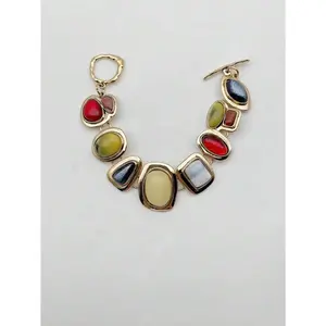 1pc European And American Retro Style Zinc Alloy Inlaid Multicolor Geometric Resin Gemstones Simple And High-End Vintage Bracelet, Suitable For Women, Casual And Vacation, Memorial Day Gift