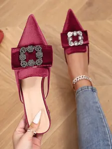 Women's Pointed Toe Flat Mules, Spring & Fall Fashion, Wine Diamond Bow Slip-On Shoes, Comfortable Soft Velvet, Casual Daily Wear, Rhinestone Bow Mules