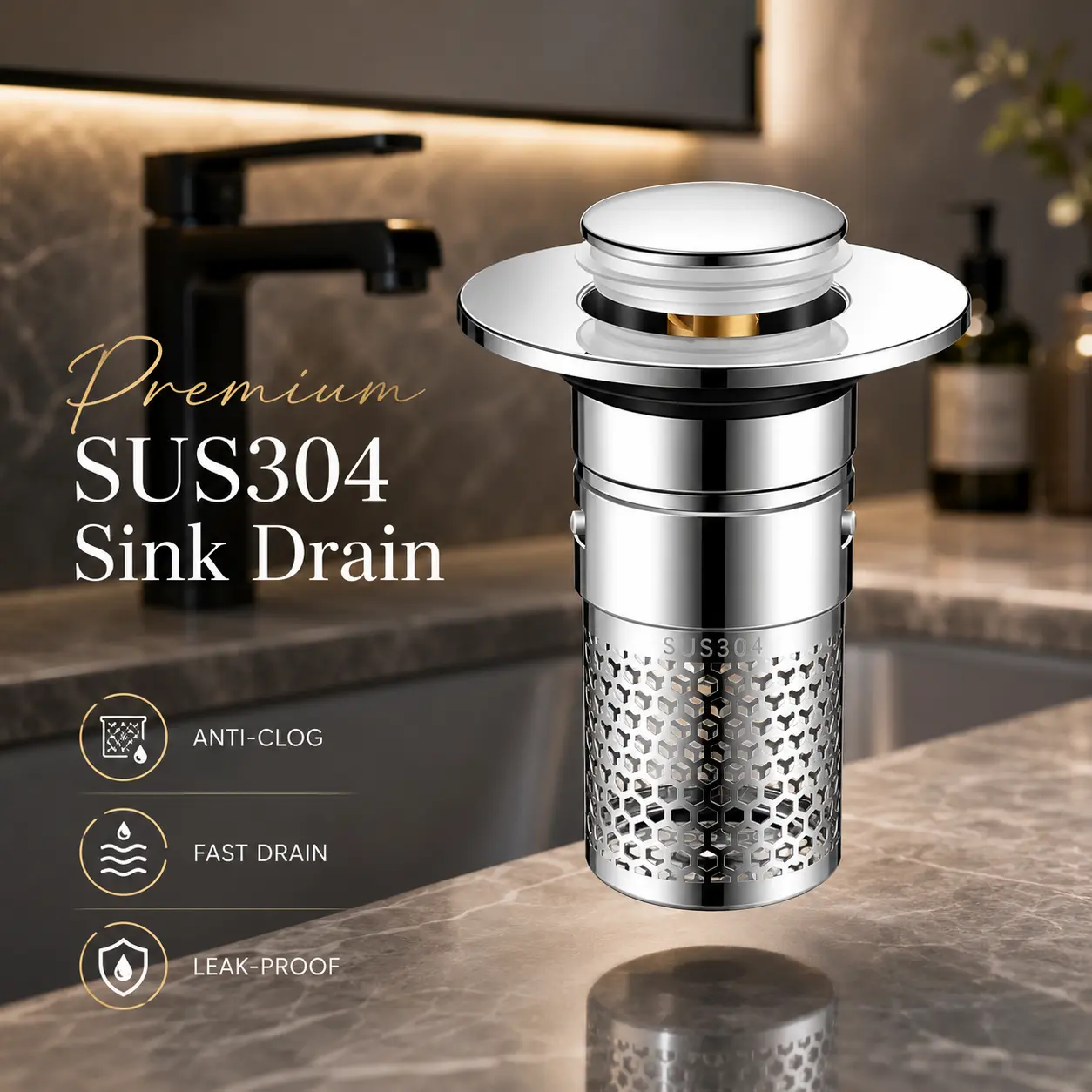 2PCS Stainless Steel Floor Drain Filter Washbasin Plug Anti Odor Pop-Up Bounce Core Basin Stopper Hair Catcher Shower Sink Strainer
