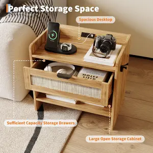 OUTGOODS Rattan Nightstand Set of 2 with Charging Station, 1 Drawer & Open Shelf Bedside Tables, Walnut/Cream White