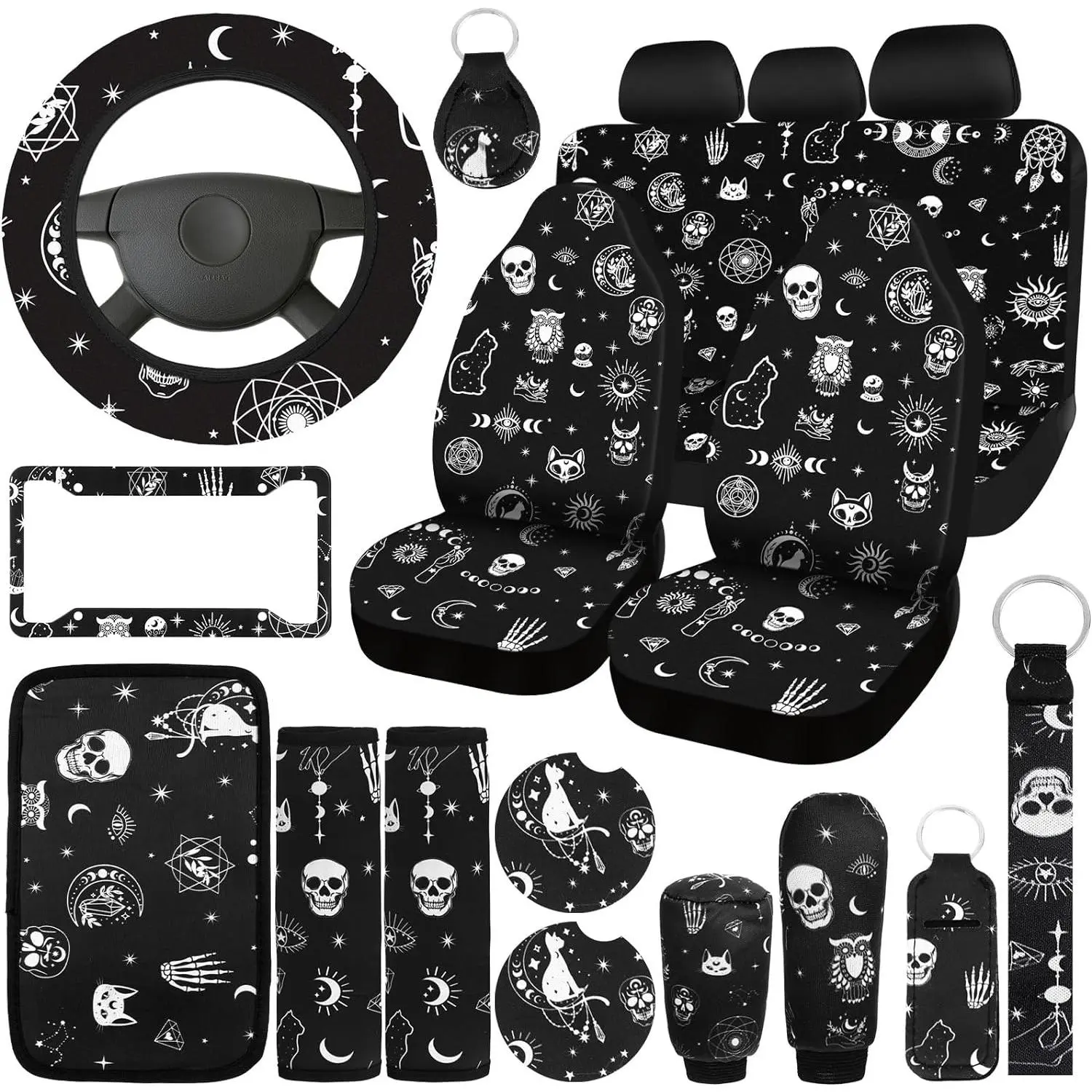 19 count Skull  Moon  Seat Covers, Full Set Accessories Steering Wheel Cover Front Rear Headrest Armrest Belt Cup Holder Keychains Wrist Strap for SUV LAN--869