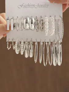 Silver Color Faux Pearl Alloy Earrings Set, 12pcs-24pcs, Ring Design, Four Leaf Clover, Hypoallergenic, Daily Wear, Flower Pattern, Hoop Earring Sets