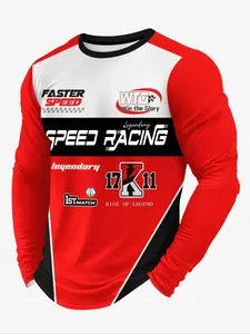 Men's Long Sleeve Round Neck Shirt, Athletic Fit, Printed Racing Element Design, Knit Fabric, Casual Sporty Top, Gym Workout Shirt for All Seasons