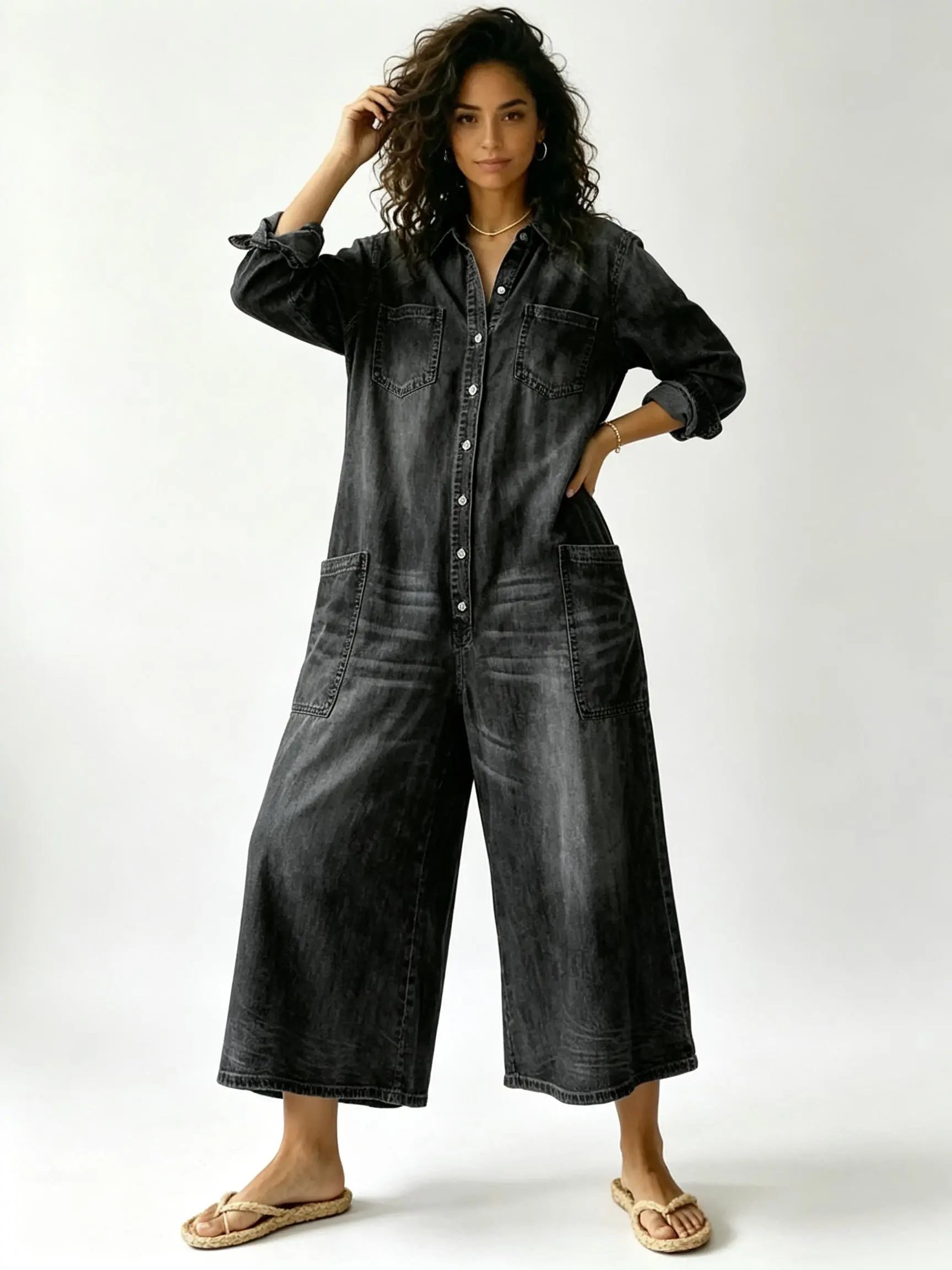 Womens Long Sleeve Denim Jumpsuit Oversized Wide Leg Romper Button Down Utility Boiler Suit with Pockets Vintage Washed Black Lapel Collar One Piece Casual Fall Outfit 2026 Streetwear Fashion Effortless Everyday Apparel
