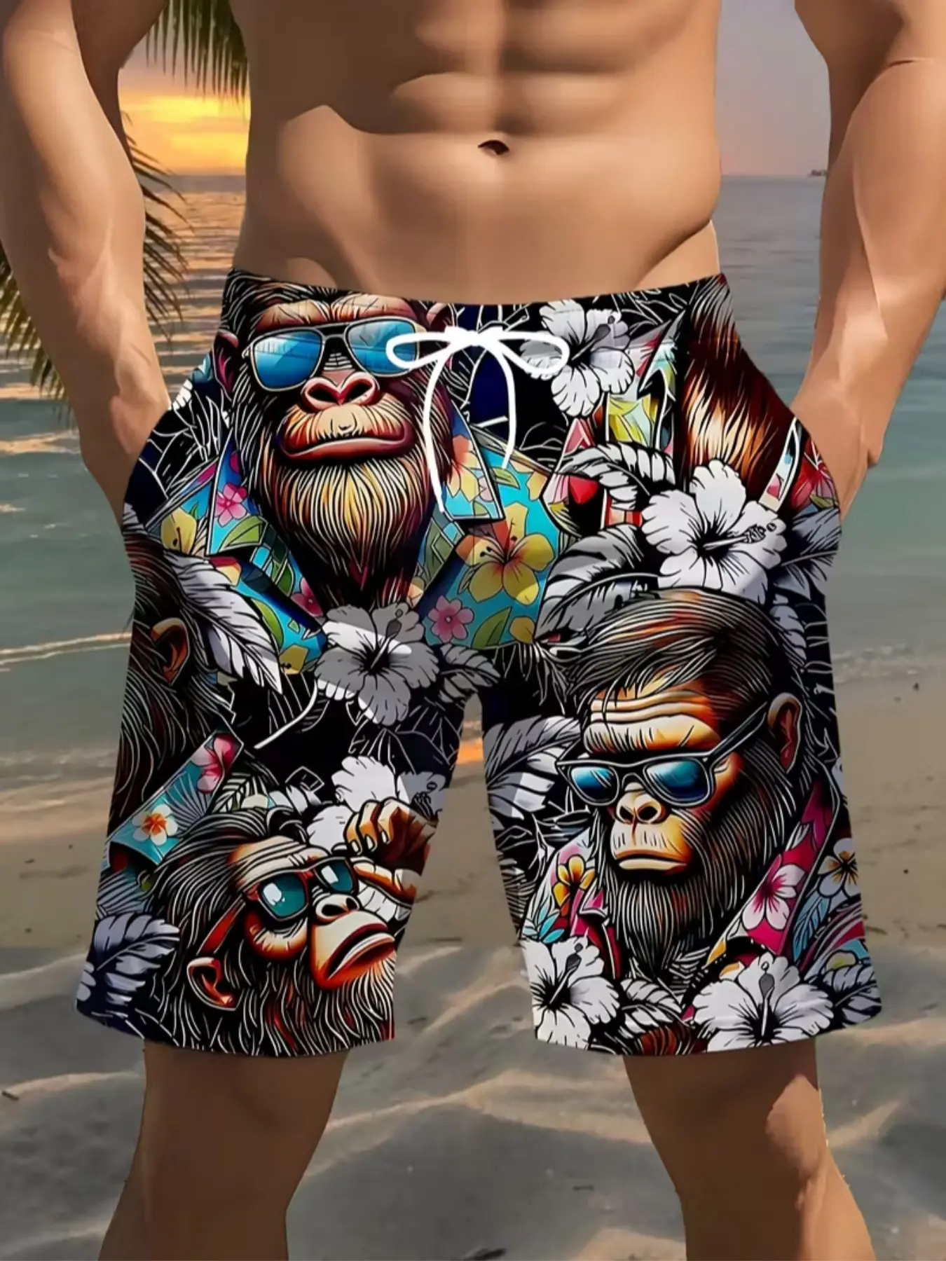 Men's 3D Gorilla Print Beach Shorts, Lightweight Polyester Drawstring Waist Casual Swim Trunks, Summer Golf Fishing Basketball Gym Outdoor Activities, Graphic Swim Trunks