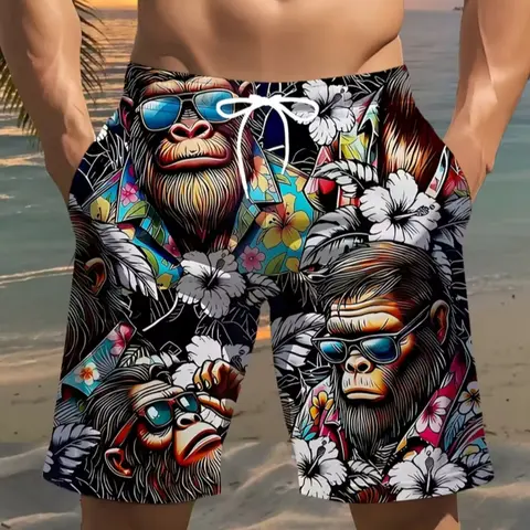 Men's 3D Gorilla Print Beach Shorts, Lightweight Polyester Drawstring Waist Casual Swim Trunks, Summer Golf Fishing Basketball Gym Outdoor Activities Shorts Swimwear