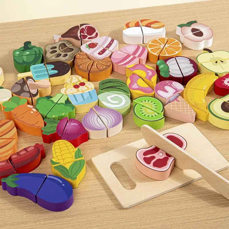 Wooden Food Cutting Toy, Simulation Kitchen Pretend Toy, Educational Toy for Teens, Cutting Fruit & Vegetable Food Set