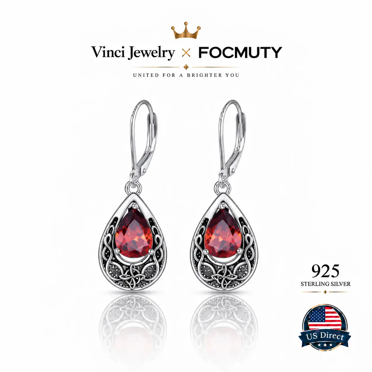 FOCMUTY 925 Synthetic Ruby Drop Earrings with Celtic Knot Pattern Design and Gothic Style, Red Crystal Pendant Earrings, Protection Hypoallergenic Sterling Silver for Lover, Vintage and Romantic Dangle Ear Jewelry for Women, Perfect for Daily and Party