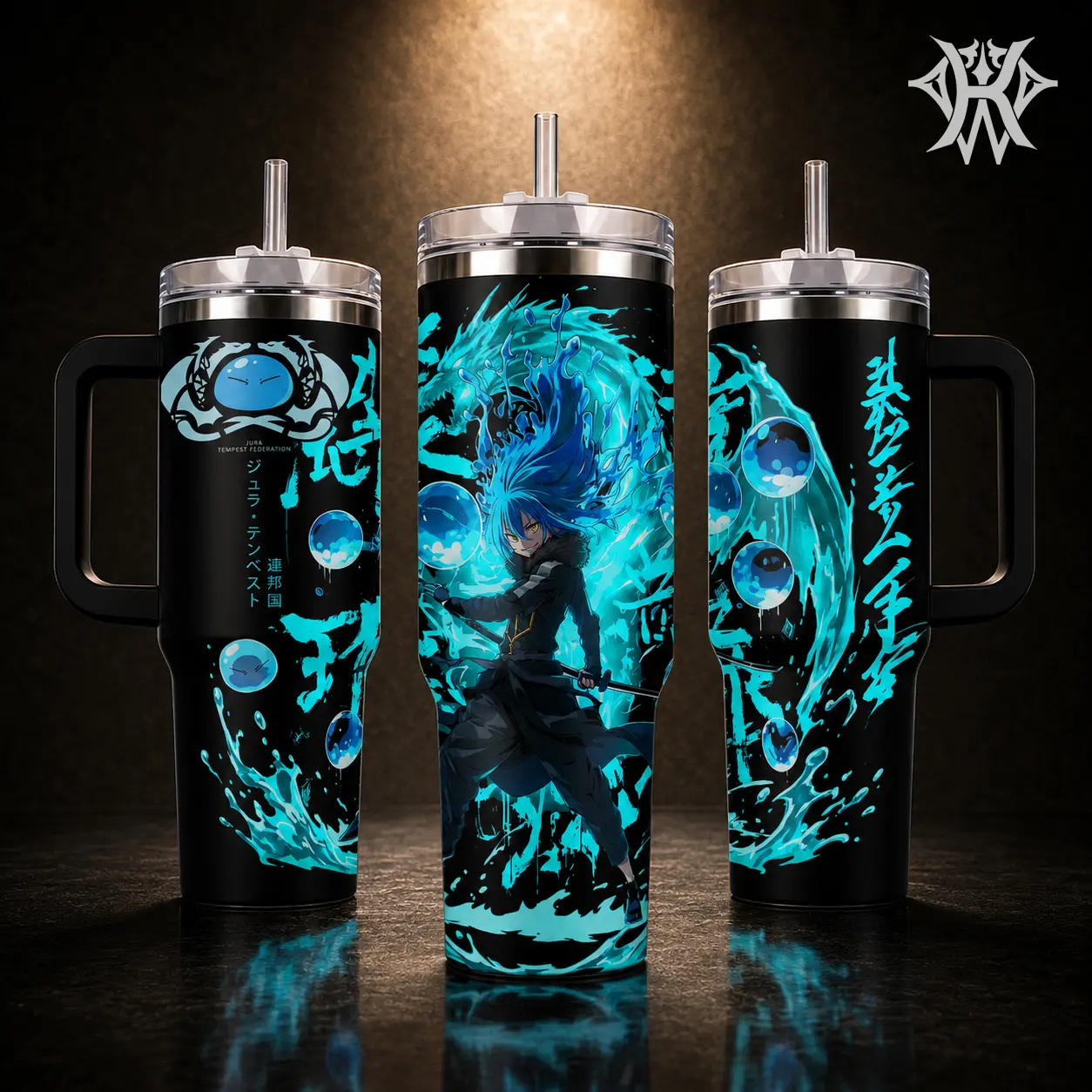 Rimuru Tempest Slime King Anime Tumbler With Handle, Blue Aura Water Spirit Cup, 20oz 40oz Insulated Travel Mug With Straw Lid