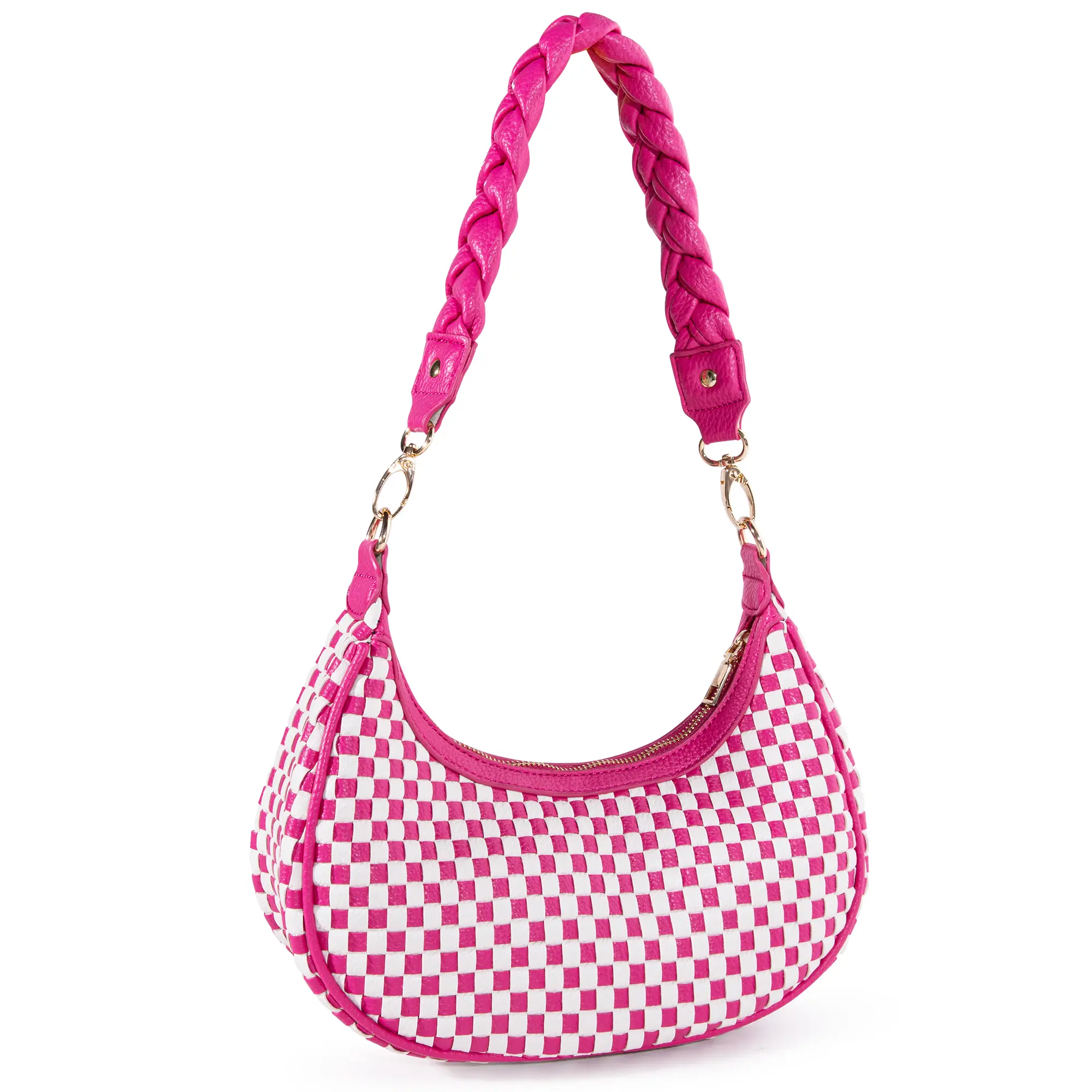 Lightweight Woven Hobo Handbag – Vegan Leather Crescent Purse for Women, Rose Travel Outdoor Shoulder Bag, Sporty Casual Crossbody