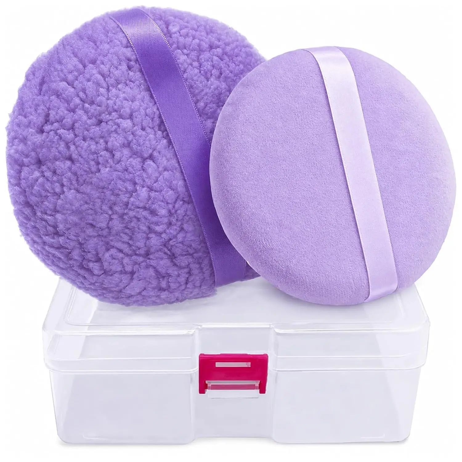 2pcs Powder Puffs, 6'' Body Powder Puff and 5'' Dusting Powder Puff and Container, Extra Large, Fluffy Soft, Washable, Reusable, Purple