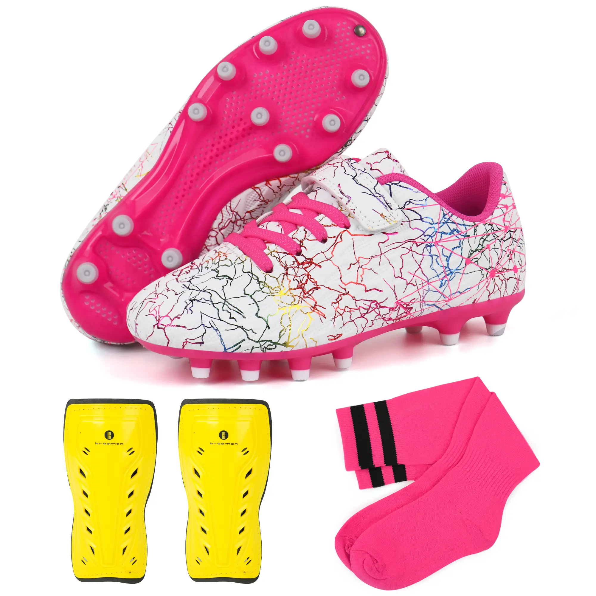 brooman Girls' JuniorJet Synthetic Sports Football Shoes, Firm Ground Soccer Cleats with Shin Guards and Socks, Kids', Synthetic Socks, Small Shin Guards, Velcro Fasten, 1 Little Kid