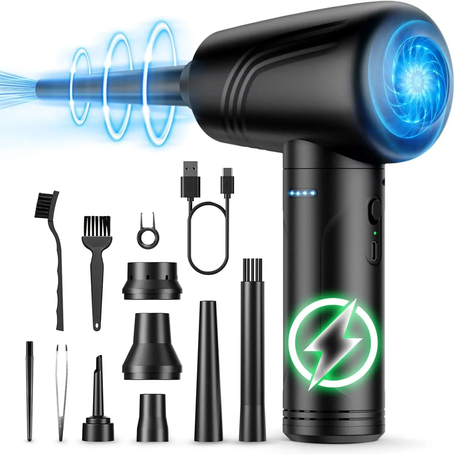 11-in-1 Compressed Air Duster, 3-Gear Adjustable 120000 RPM Electric Air Duster with LED Light,  no Canned Keyboard Cleaner for Office, 9000mAh Cordless Air Duster for Computer/