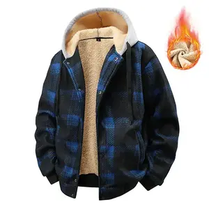 Men's Blue Black Plaid Faux Shearling Lined Hooded Jacket - Warm Winter Button Coat