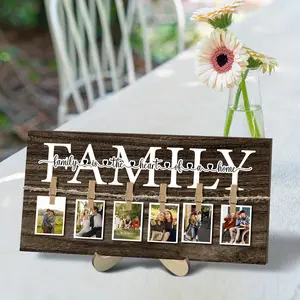 Wooden Family Photo Frame, 1 Count Wooden Memory Table Sign with 6 Counts Clips, Photo Display Sign for Home Office Decor