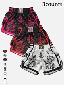 Dragon & Tiger Graphic Muay Thai Boxing Athletic Shorts 3-Pack - Retro Thai Fight Style Quick-Dry Satin Shorts for Gym Training & Streetwear Looks