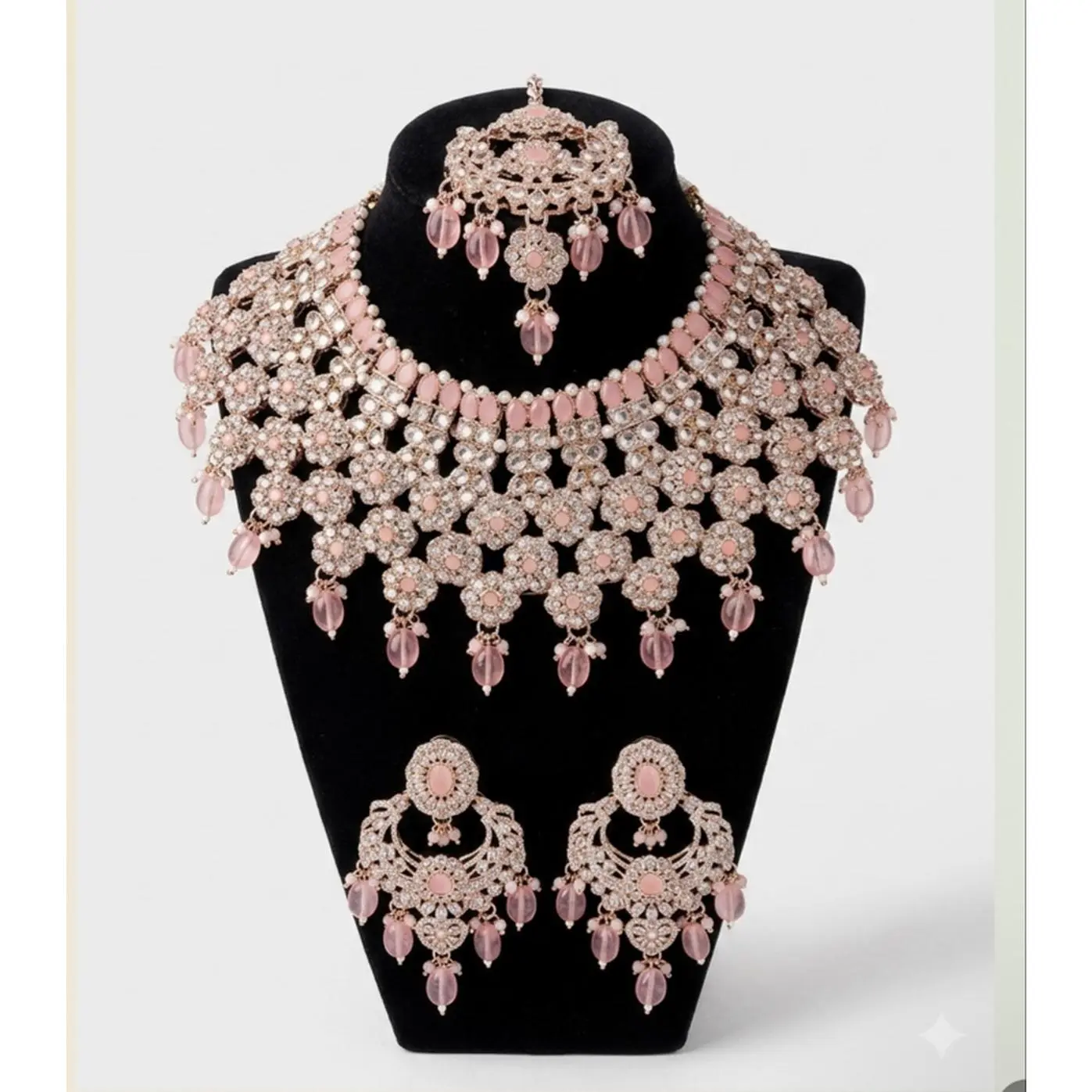 Rose Blush Bridal Set - Rose-gold Tone Necklace & Earrings with Blush Pink Stones and Crystal Pavé for Weddings
