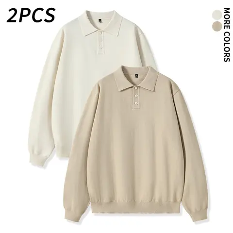 2-pcs Men’s collared knit polo shirts with long sleeves, soft and smooth knit fabric, relaxed drop-shoulder fit; early autumn minimalist commuter , casual everyday wear with a mature aesthetic.