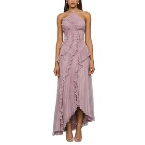 Women's Sexy Ruffle Halter Dress Sleeveless Solid Color Long Flowy Summer A-Line Wedding Party Gown for All Occasions - Formal Wear, Check, Womenswear