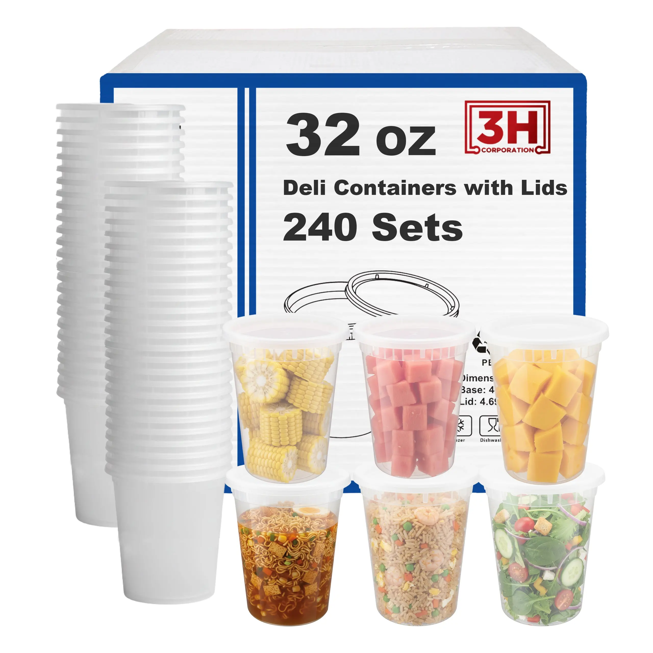 3H CORPORATION Sturdy Leak-Proof 32 oz Plastic Deli Containers with Lids (240 Sets, 480 Pieces) - BPA-Free, Microwave & Freezer & Dishwasher Safe Translucent Kitchen Household Products, Snack Container for Food Storage