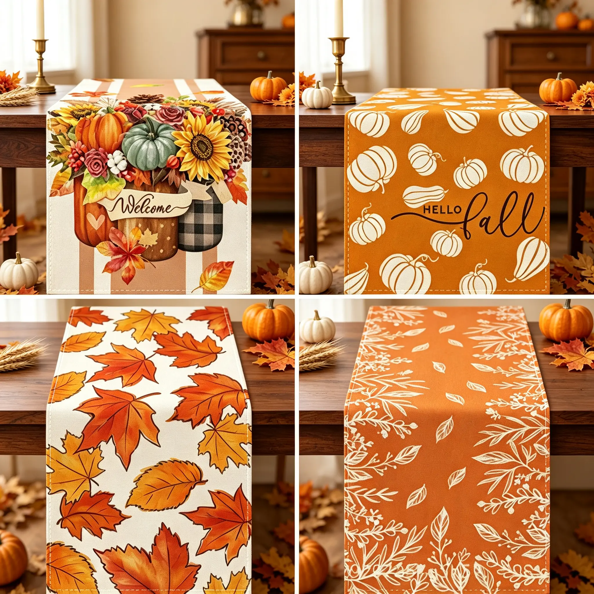 13 x 72 Inch Fall Harvest Table Runner, Pumpkin Maple Leaf Sunflower Pattern, Autumn Dining Table Decor for Thanksgiving Home  Decoration and Party