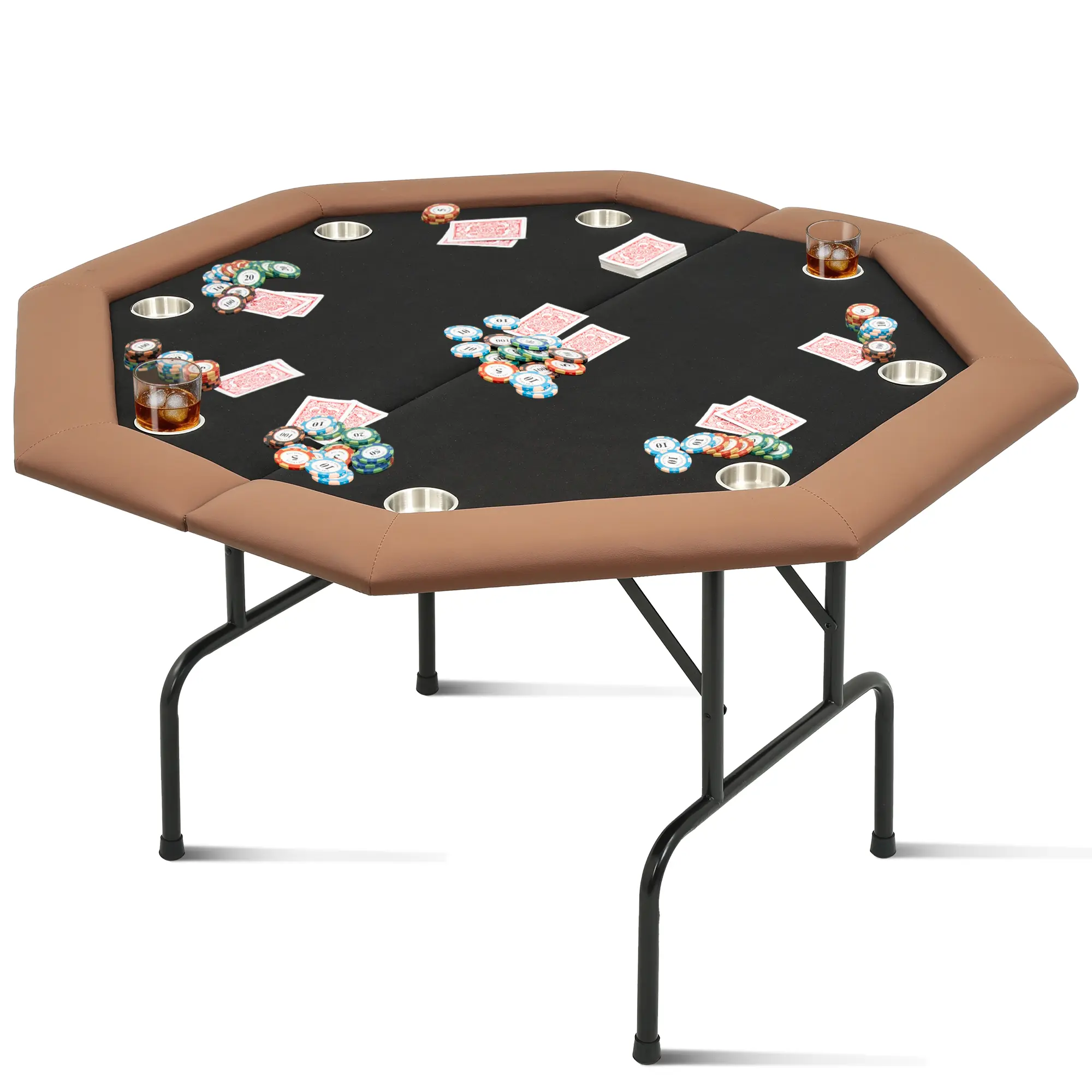 Foldable Octagon Poker Table with Foldable Legs, Padded Arms, 8-Player Capacity, Green Steel Legs, Deep Cup Holders for Texas Holdem Blackjack, Home & Party Casino Gaming Furniture