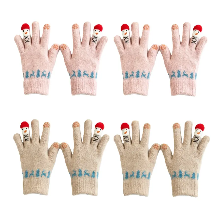 Women's 4-Pair Thermal Knit Gloves - Cute Cartoon Bear & Snowman Design, Fleece-Lined, Touchscreen-Compatible, Windproof, Warm, Ideal for Winter Cycling Sports & Outdoor Use