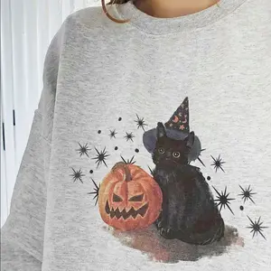 Vintage Spooky Cat Sweatshirt Gray Color, Crewneck sweater Halloween, Halloween sweatshirt