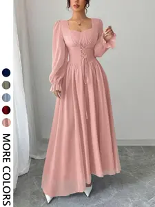 Elegant Women's Square Neck Long Sleeve Dress, Waist Tie Belted Flared Hem, Perfect for Spring & Fall Fashion, Ladies' Casual Wear Valentine's Day