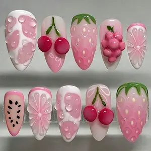 Pink Grape Long Almond Press On Nails, 3D Cherry Strawberry Pattern Glossy Summer Fake Nails, Full Cover Acrylic Stick On Nails, Sweet DIY Nail Decor for Girls Women, 30Pcs,student nails,date night nails,quick manicure