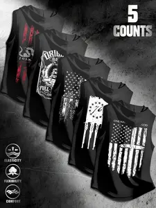 Men's 5-Piece Set, American Patriotic Hooded Sleeveless T-Shirt, Vintage Flag Snake Print Vest, Soft Stretch Casual Fitness Wear