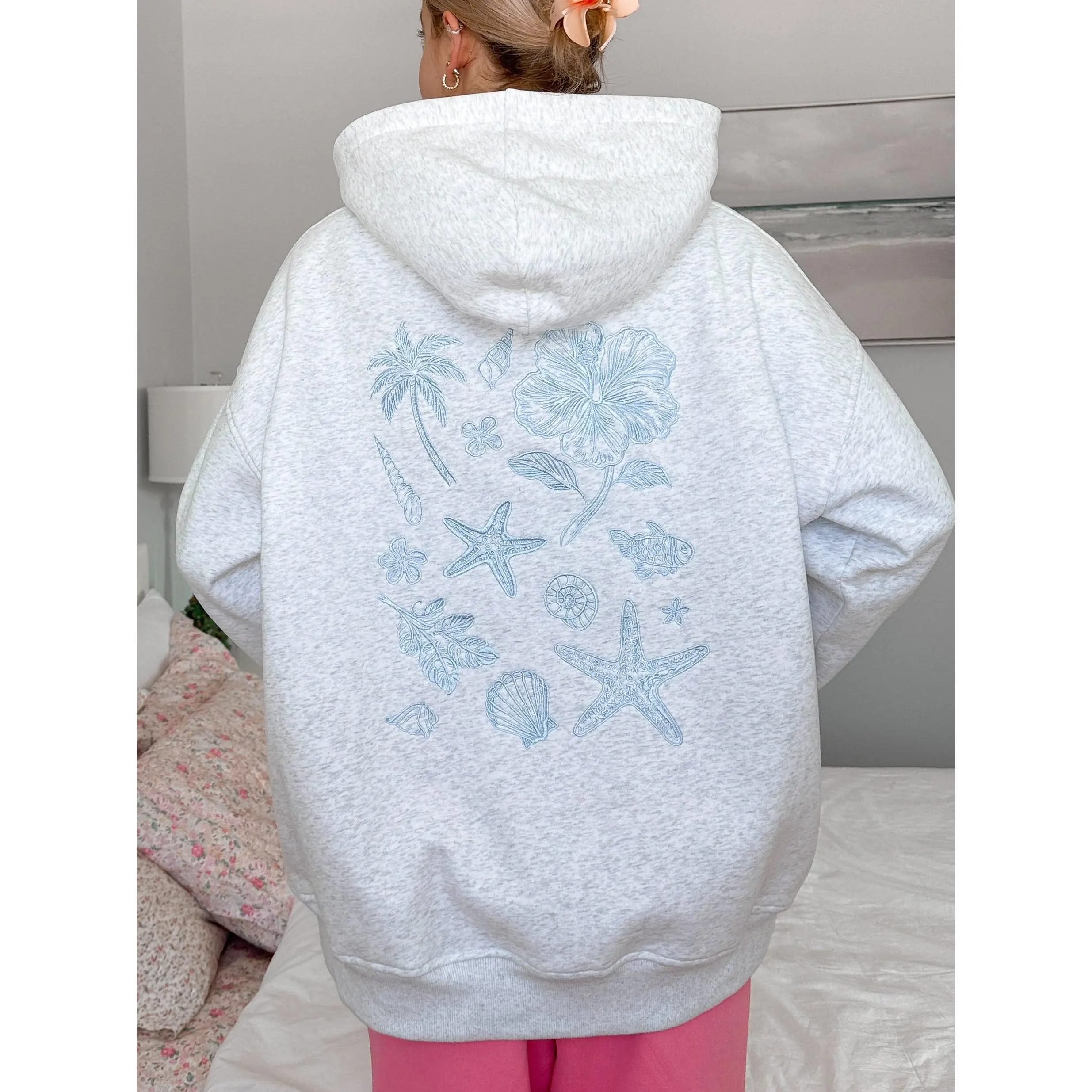 Pearl Grey Tropical Embroider Hoodie