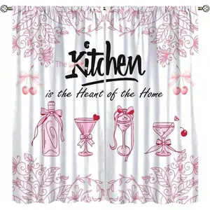 1/2/3pcs Pink Bow Kitchen Curtain,Cute Cartoon Women Girls Wine Watercolor Cherry Strawberry Love Heart Pattern Decor Window Decorations,For Living Room Bedroom Kitchen Cafe Farmhouse,Rod Pocket Curtain Panels For Living Room Kitchen