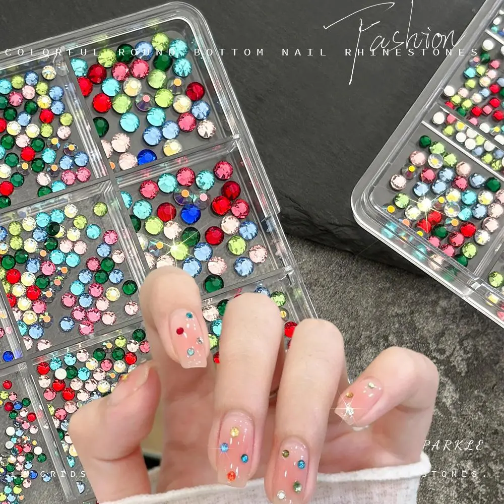 12Grid 1Box Colorful Round Diamond Nail Rhinestone Galss Gems Flatback Nail Diamonds Iridescent Mirror Manicure Crystal Jewelry