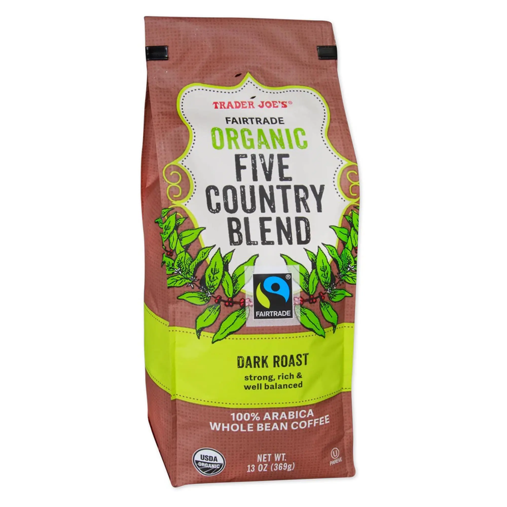 Trader Joe's Fairtrade Organic 5 Country Blend Dark Roast Whole Bean Coffee Beverage, 100% Arabica, 13 oz.