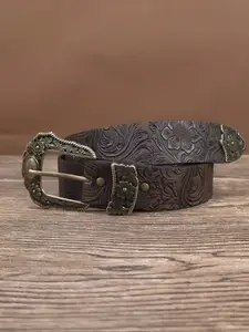 Unisex Vintage PU Cowboy Belt with Western Engraved Buckle, Perfect for Music Festivals & Halloween Decorations, Fashionable Unique Accessory, Western Belt Buckles, Fashion Vintage Belts, Western Style Belt