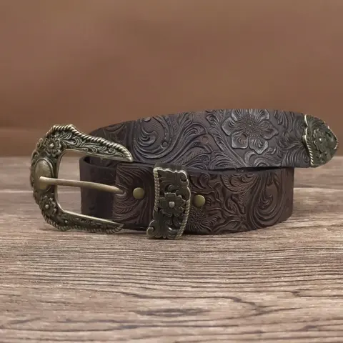 Unisex Vintage PU Cowboy Belt with Western Engraved Buckle, Perfect for Music Festivals & Halloween Decorations, Fashionable Unique Accessory, Western Belt Buckles, Fashion Vintage Belts, Western Style Belt