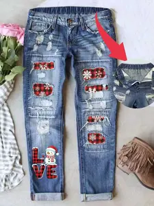 Women's Distressed Boyfriend Jeans Vintage Wash Christmas Patch Print Denim Jeans Casual Fitted Natural Waist Button Fly
