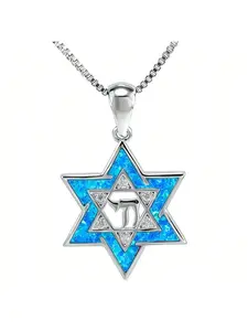 Charms Star of David Hebrew Blue Opal Zircon Pendant Necklace Spiritual Religious Perfect Gift for Hanukkah/Birthday/Anniversary