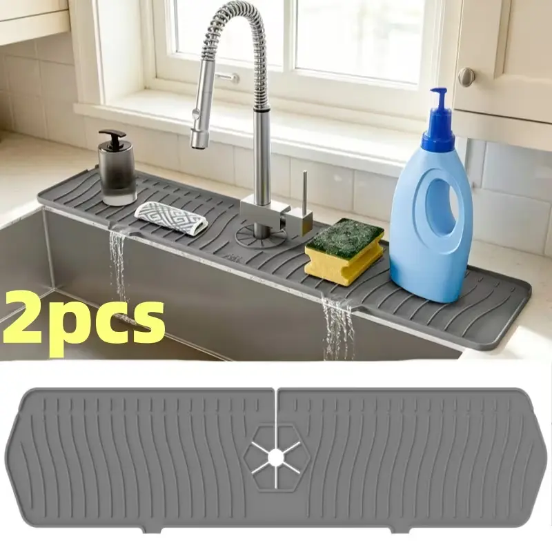 2pcs Universal Sink Splash Guard for Faucet – Extra Long 24" Silicone Mat, Fits Pipes up to 2.26", 1" Top Foldable Opening, Dual Drainage Grooves – Keeps Area Dry & Tidy, Acts as Soap Shelf & Dish Drying Pad – Great for Kitchen, Bath, RV
