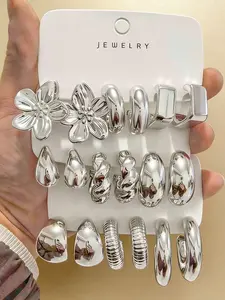 Women's Silver Color Earring Set, 6-18pcs Floral Geometric Textured Design, Perfect for Daily Commute Party Wear, Stylish Jewelry Collection, Trendy Jewelry