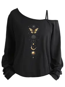 Plus Size Women's Casual Loose-Fit Long Sleeve Top, Asymmetrical Neckline Spaghetti Strap T-Shirt, Cartoon Print, All Seasons Wear